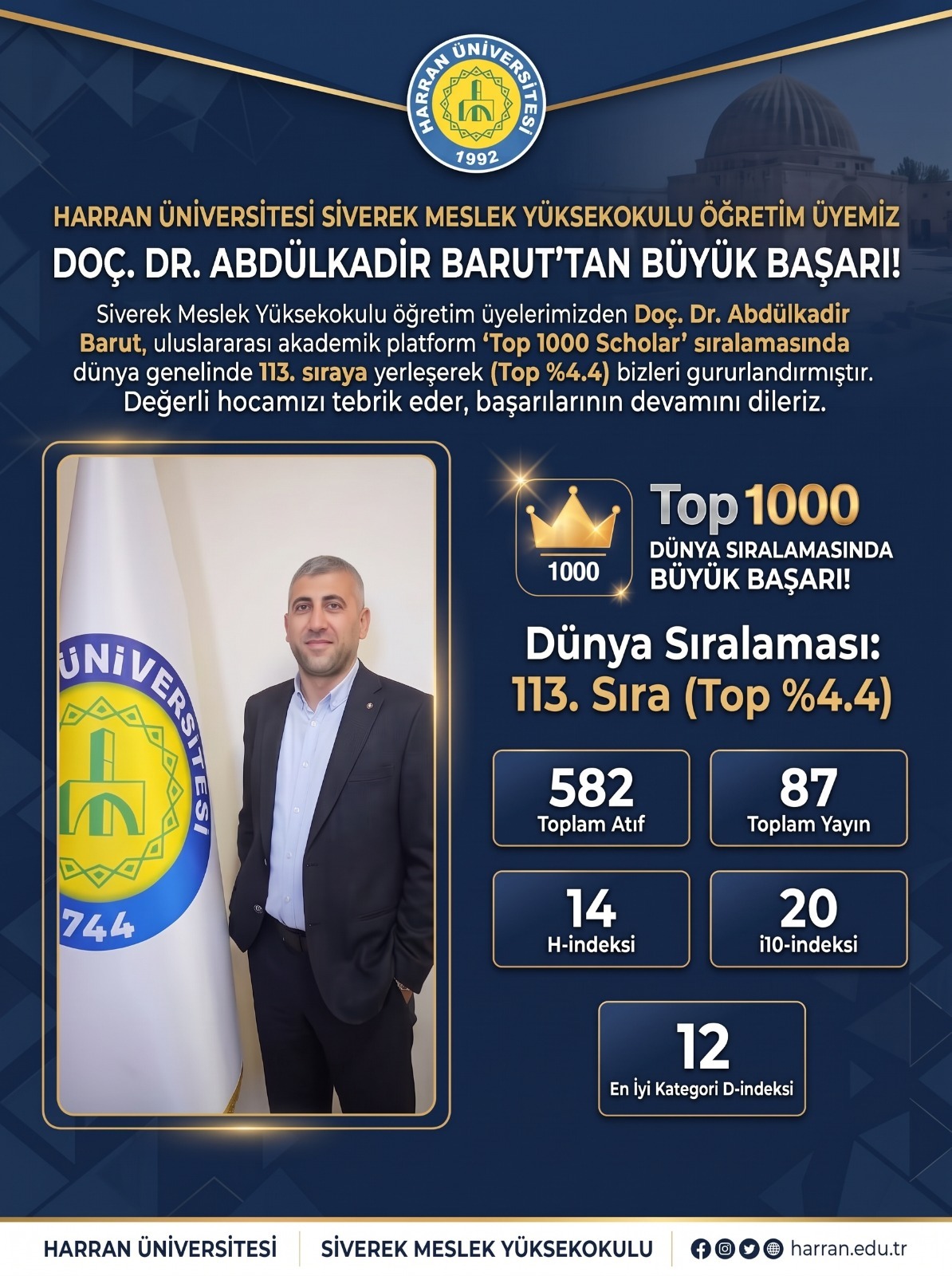 Meslek Yüksekokulumuz Öğretim Üyesi Doç.Dr.Abdulkadir BARUT'un Büyük Başarısı