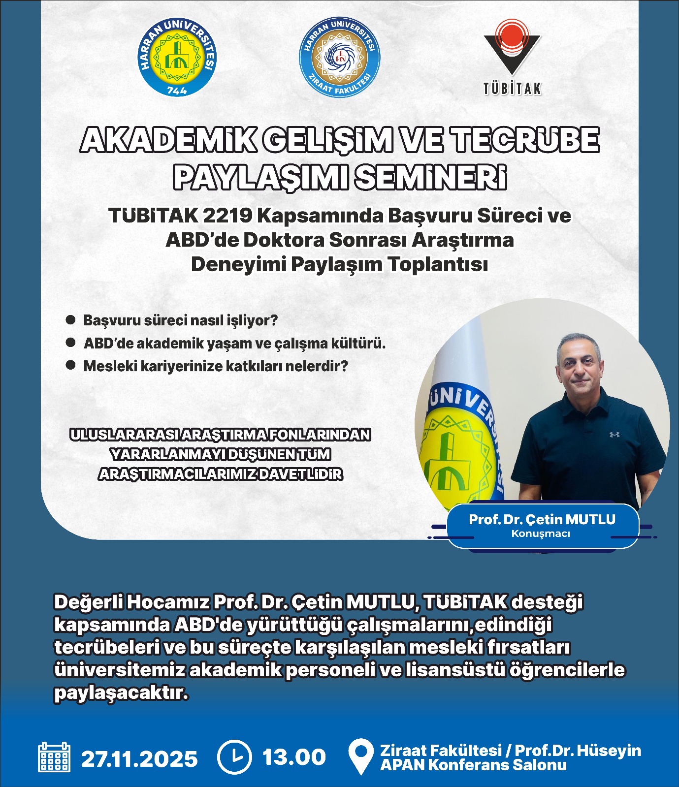 Fakültemiz Öğretim Üyesi Prof. Dr. Çetin Mutlu, ABD'deki Araştırma Deneyimlerini ve TÜBİTAK 2219 Süreçlerini Paylaştı